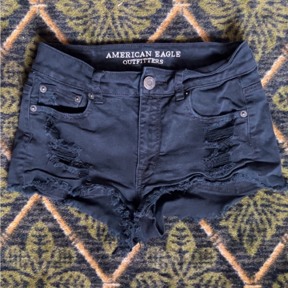 American Eagle Outfitters Black High-Waist Distressed Shorts